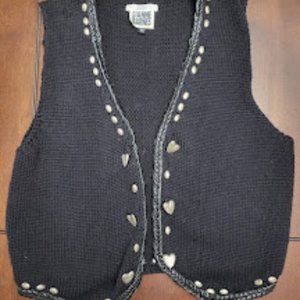 Lianne Barns Women's Black Sweater Vest with Pewter and Leather Accents